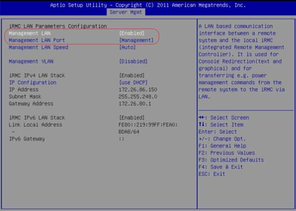 Gesamtansicht LAN-Parameterkonfigurationsmenü des iRMC