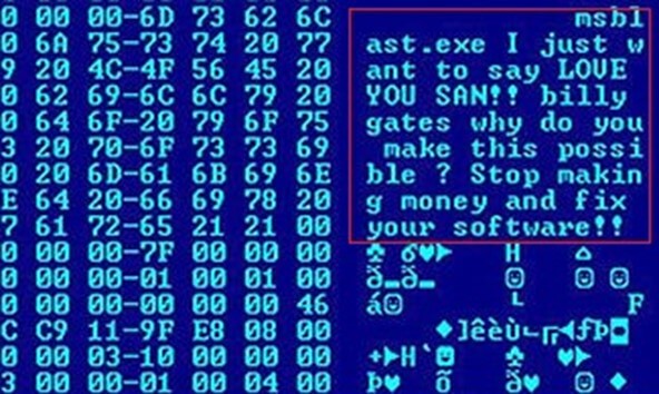 Auszug des Quellcodes des Blaster-Wurms mit einer Nachricht des Wurm-Programmierers an den damaligen Microsoft-CEO Bill Gates